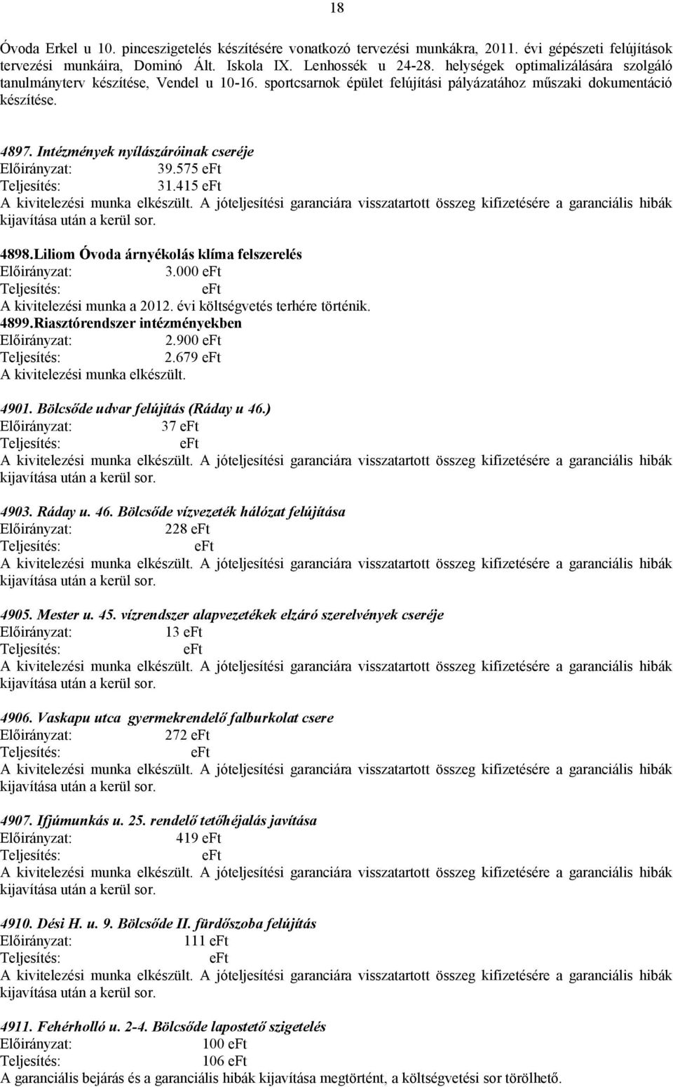 575 31.415 A kivitelezési munka elkészült. A jóteljesítési garanciára visszatartott összeg kifizetésére a garanciális hibák kijavítása után a kerül sor. 4898.