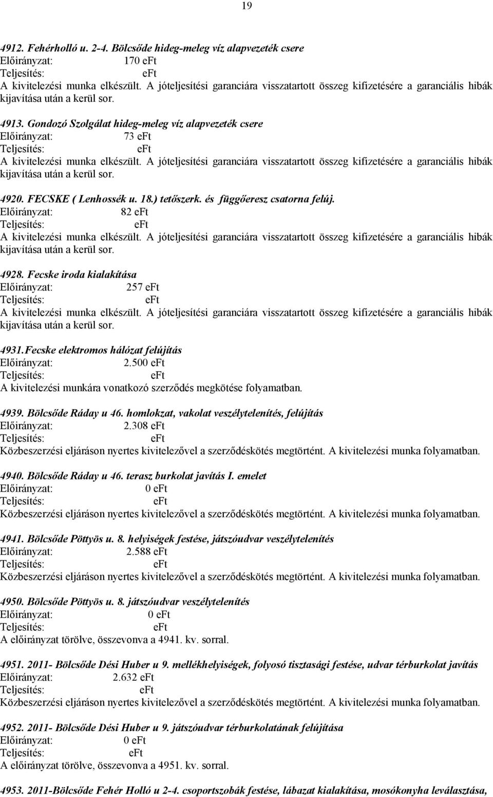 Gondozó Szolgálat hideg-meleg víz alapvezeték csere 73 A kivitelezési munka elkészült. A jóteljesítési garanciára visszatartott összeg kifizetésére a garanciális hibák kijavítása után a kerül sor.