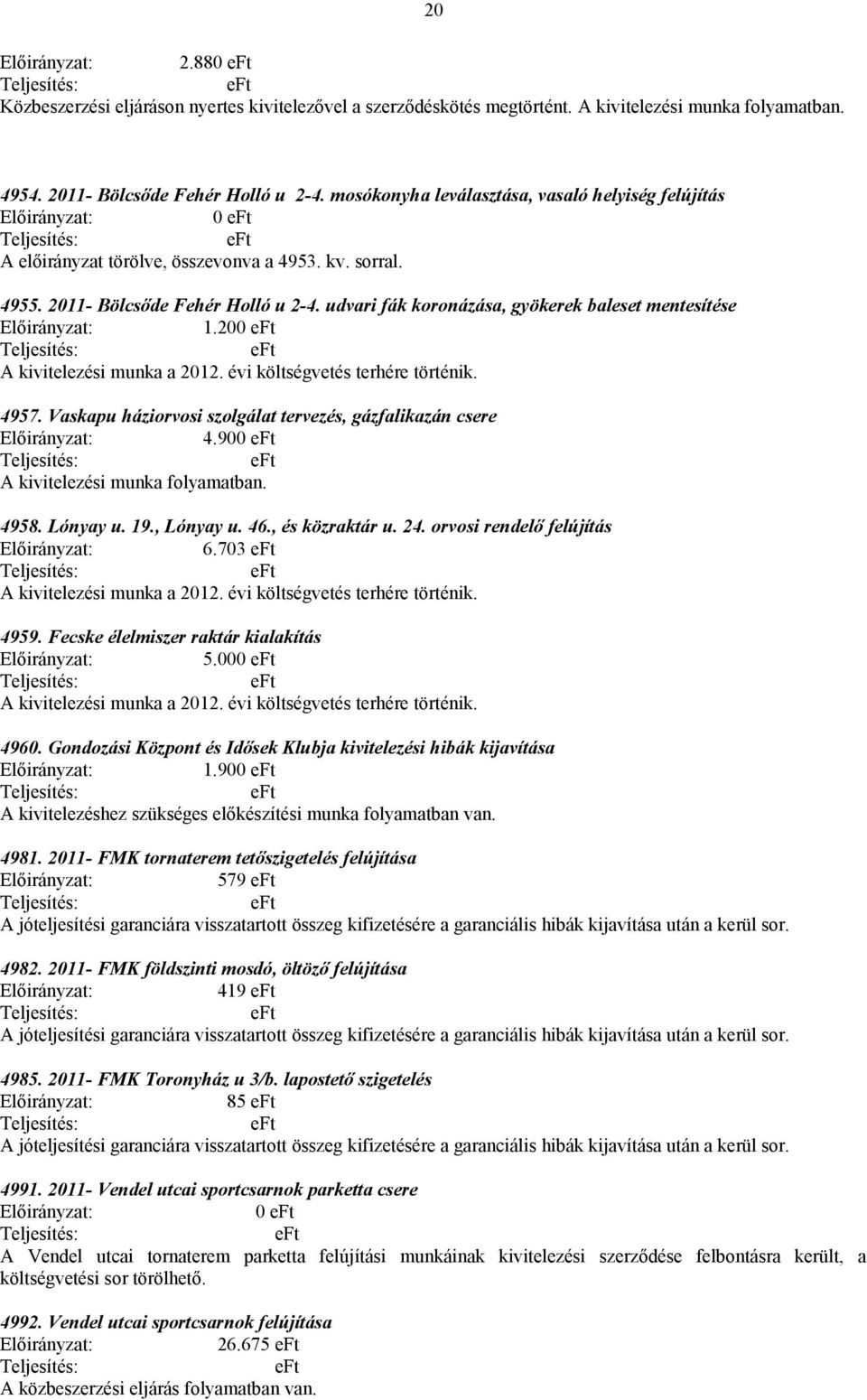 udvari fák koronázása, gyökerek baleset mentesítése 1.200 4957. Vaskapu háziorvosi szolgálat tervezés, gázfalikazán csere 4.900 A kivitelezési munka folyamatban. 4958. Lónyay u. 19., Lónyay u. 46.