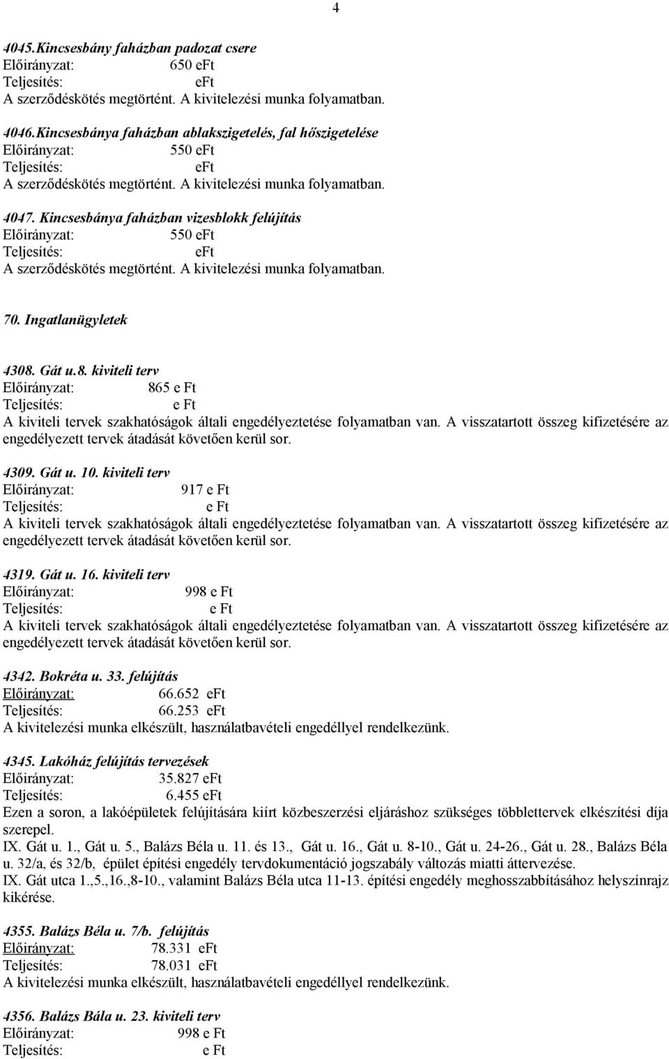 4309. Gát u. 10. kiviteli terv 917 e Ft e Ft A kiviteli tervek szakhatóságok általi engedélyeztetése folyamatban van.