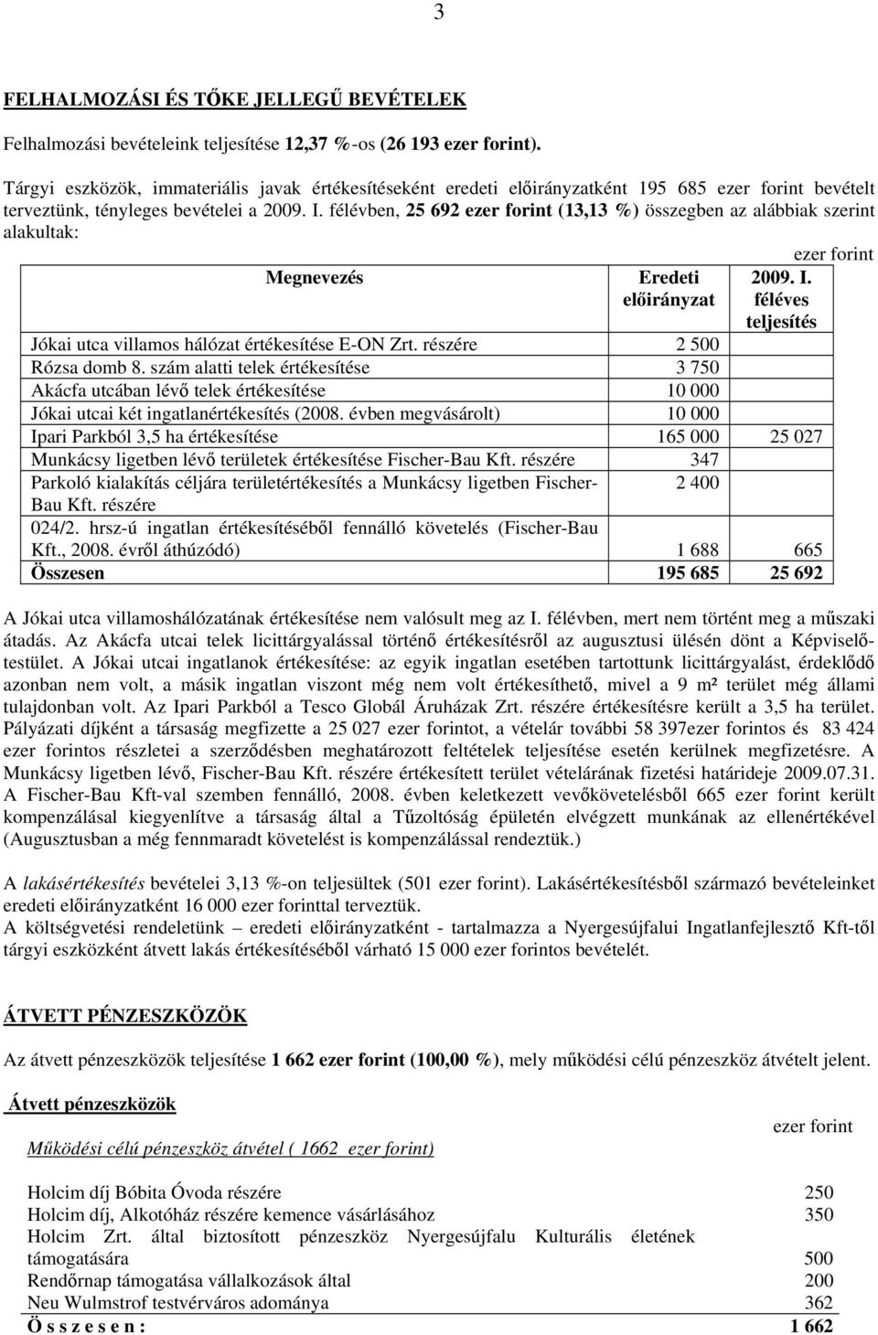 félévben, 25 692 ezer forint (13,13 %) összegben az alábbiak szerint alakultak: ezer forint Megnevezés Eredeti előirányzat 2009. I.