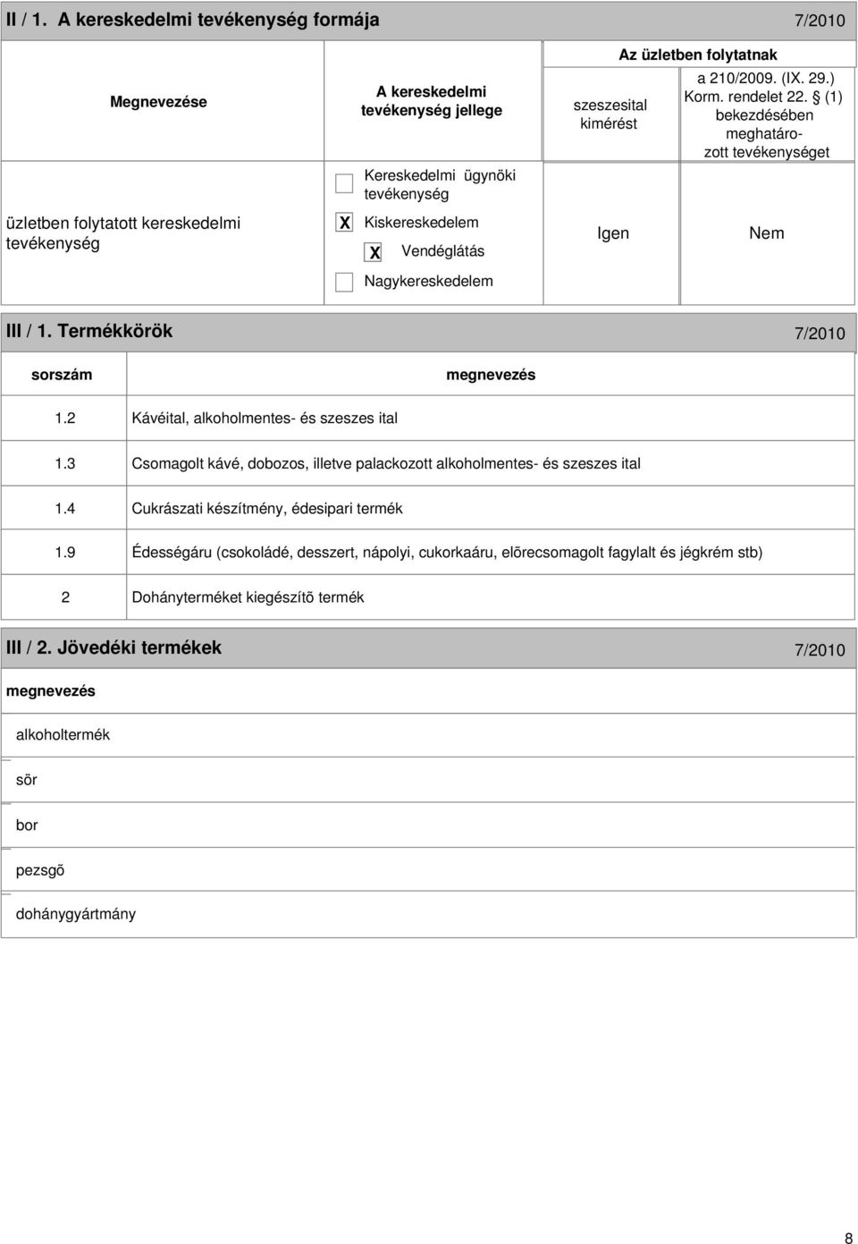 2 Kávéital, alkoholmentes- és szeszes ital 1.3 Csomagolt kávé, dobozos, illetve palackozott alkoholmentes- és szeszes ital 1.4 Cukrászati készítmény, édesipari termék 1.