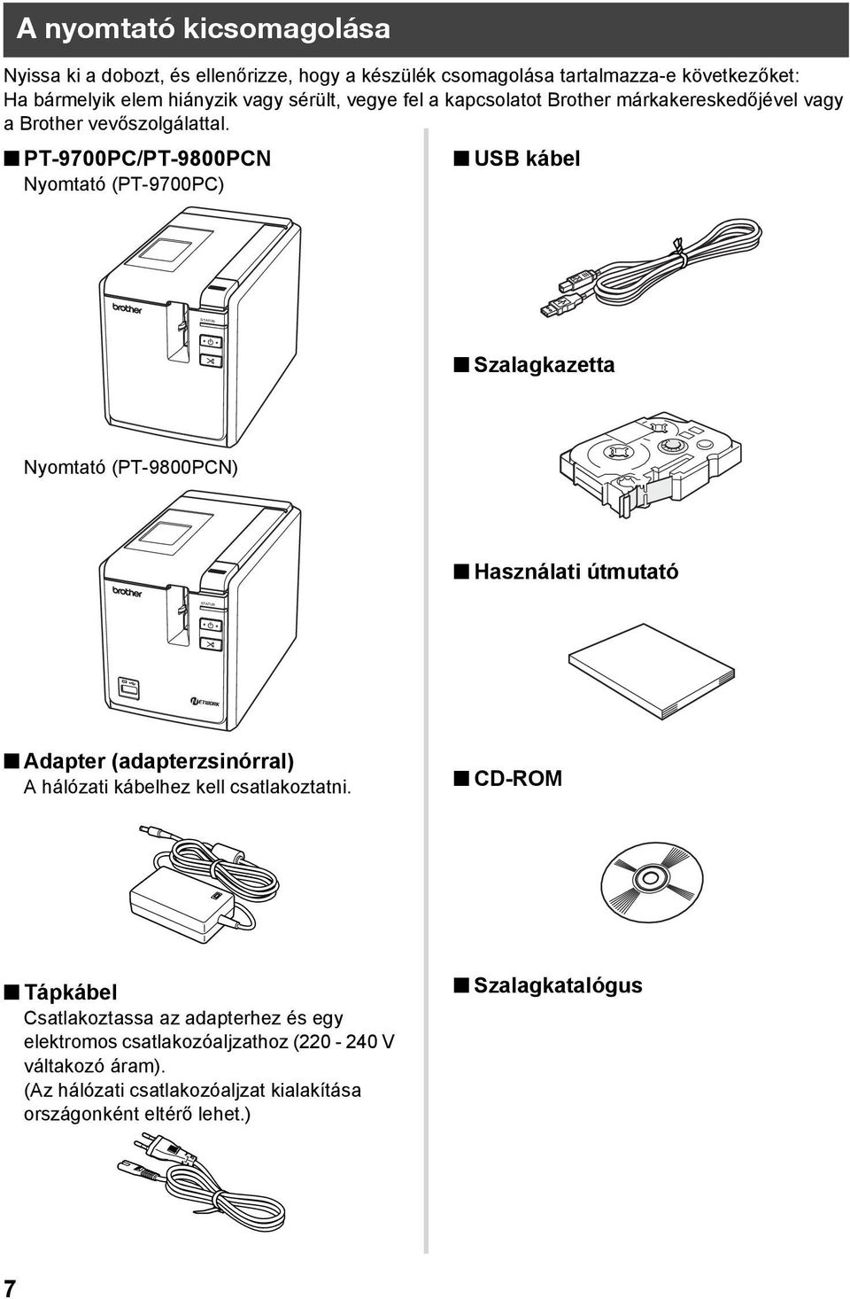 PT-9700PC/PT-9800PCN Nyomtató (PT-9700PC) USB kábel Szalagkazetta Nyomtató (PT-9800PCN) Használati útmutató Adapter (adapterzsinórral) A hálózati kábelhez