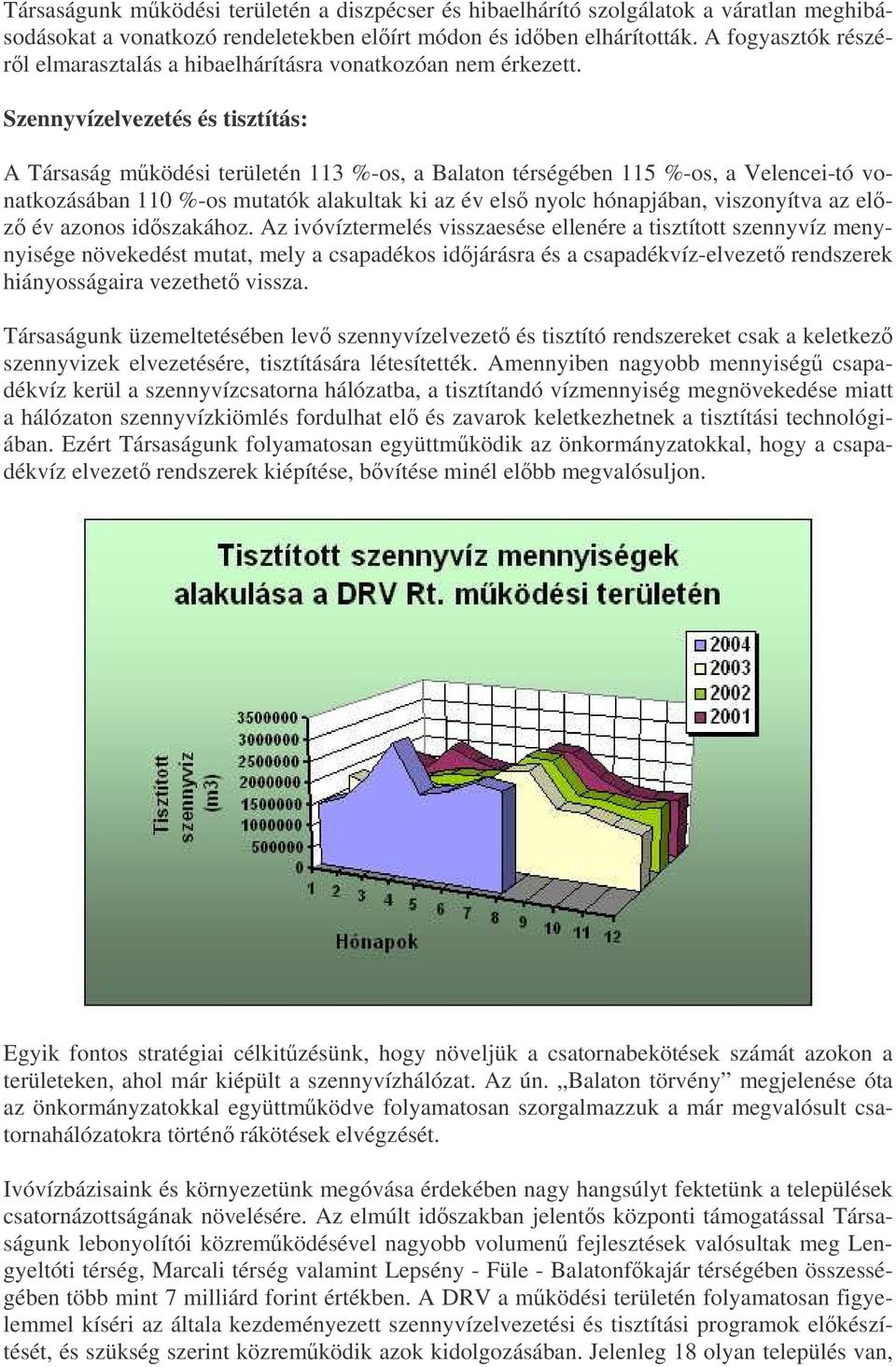 Szennyvízelvezetés és tisztítás: A Társaság mködési területén 113 %-os, a Balaton térségében 115 %-os, a Velencei-tó vonatkozásában 110 %-os mutatók alakultak ki az év els nyolc hónapjában,