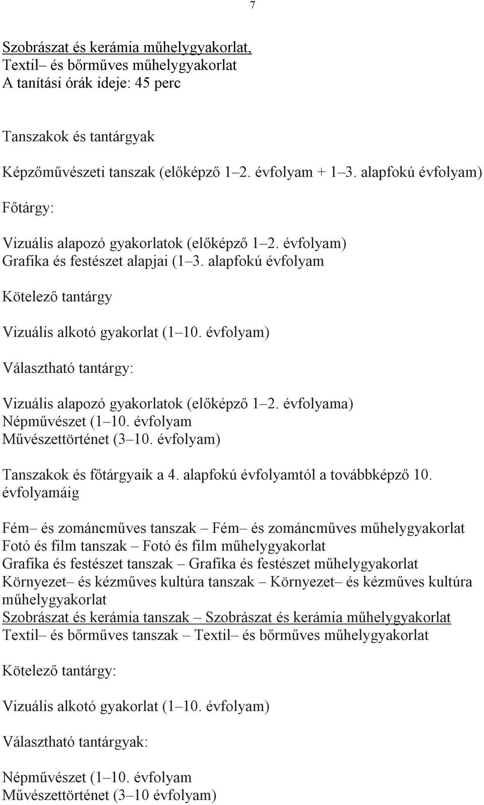 évfolyam) Választható tantárgy: Vizuális alapozó gyakorlatok (előképző 1 2. évfolyama) Népművészet (1 10. évfolyam Művészettörténet (3 10. évfolyam) Tanszakok és főtárgyaik a 4.