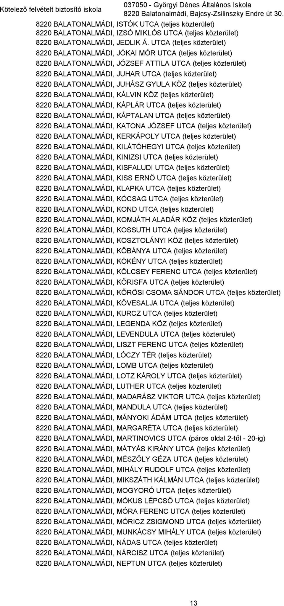 UTCA (teljes közterület) 8220 BALATONALMÁDI, JÓKAI MÓR UTCA (teljes közterület) 8220 BALATONALMÁDI, JÓZSEF ATTILA UTCA (teljes közterület) 8220 BALATONALMÁDI, JUHAR UTCA (teljes közterület) 8220