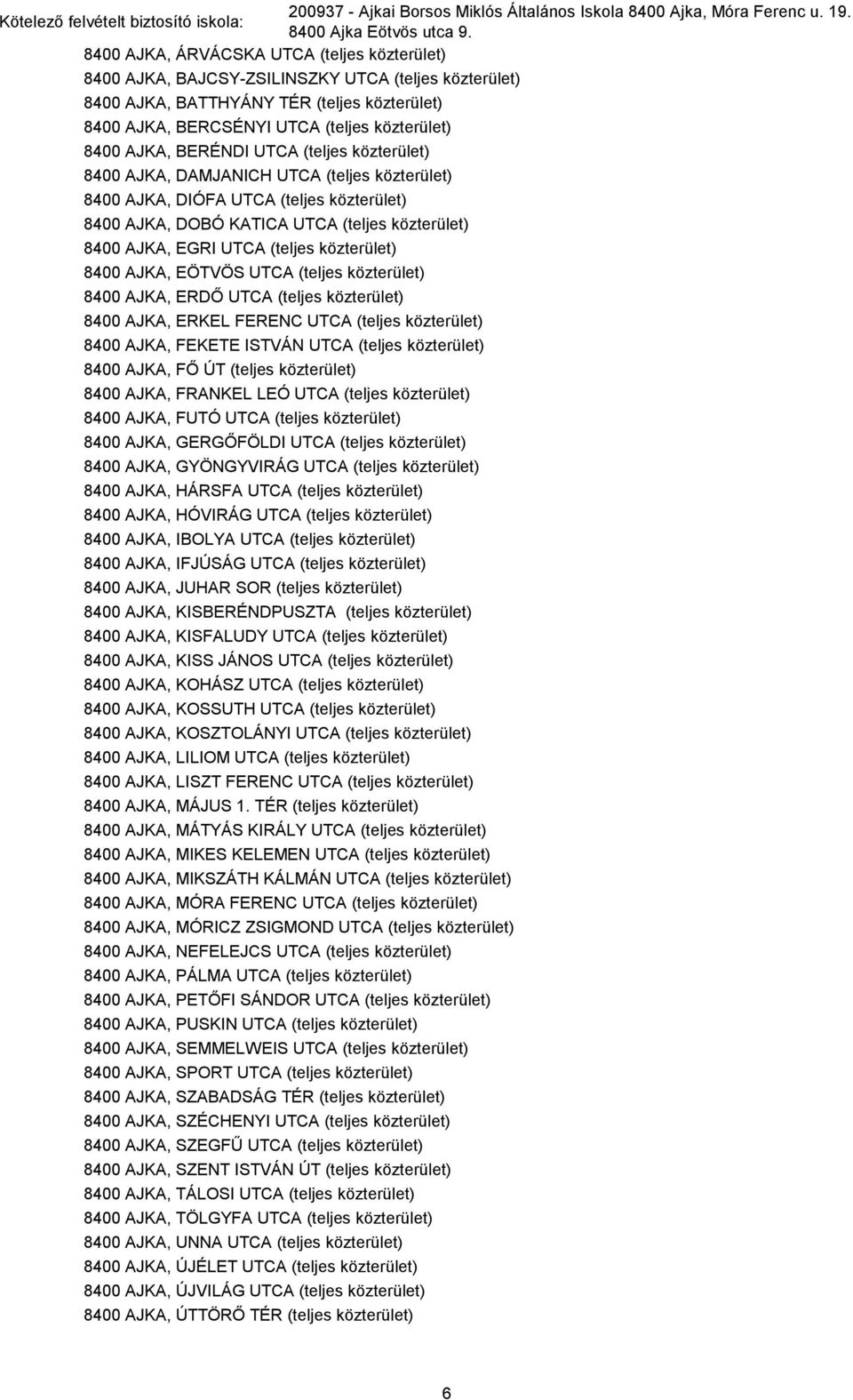 AJKA, BERÉNDI UTCA (teljes közterület) 8400 AJKA, DAMJANICH UTCA (teljes közterület) 8400 AJKA, DIÓFA UTCA (teljes közterület) 8400 AJKA, DOBÓ KATICA UTCA (teljes közterület) 8400 AJKA, EGRI UTCA