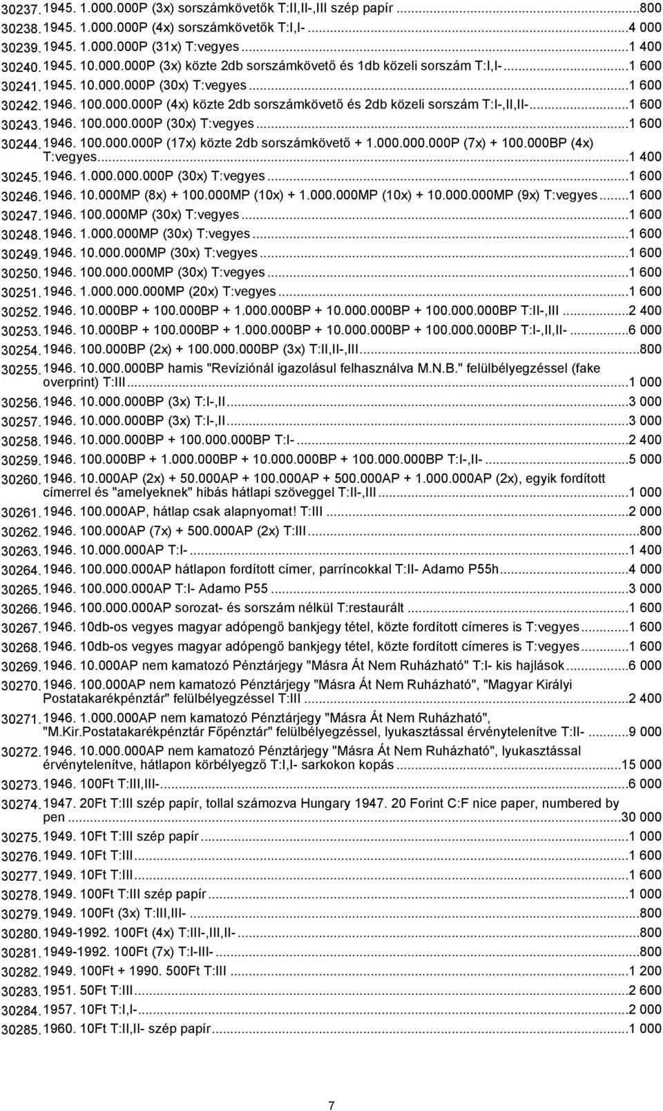 1946. 100.000.000P (17x) közte 2db sorszámkövető + 1.000.000.000P (7x) + 100.000BP (4x) T:vegyes...1 400 30245.1946. 1.000.000.000P (30x) T:vegyes...1 600 30246.1946. 10.000MP (8x) + 100.