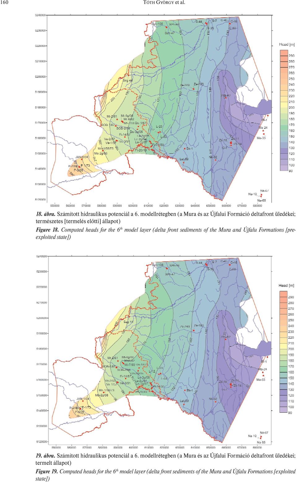 Computed heads for the 6 th model layer (delta front sediments of the Mura and Újfalu Formations [preexploited state]) 19. ábra.