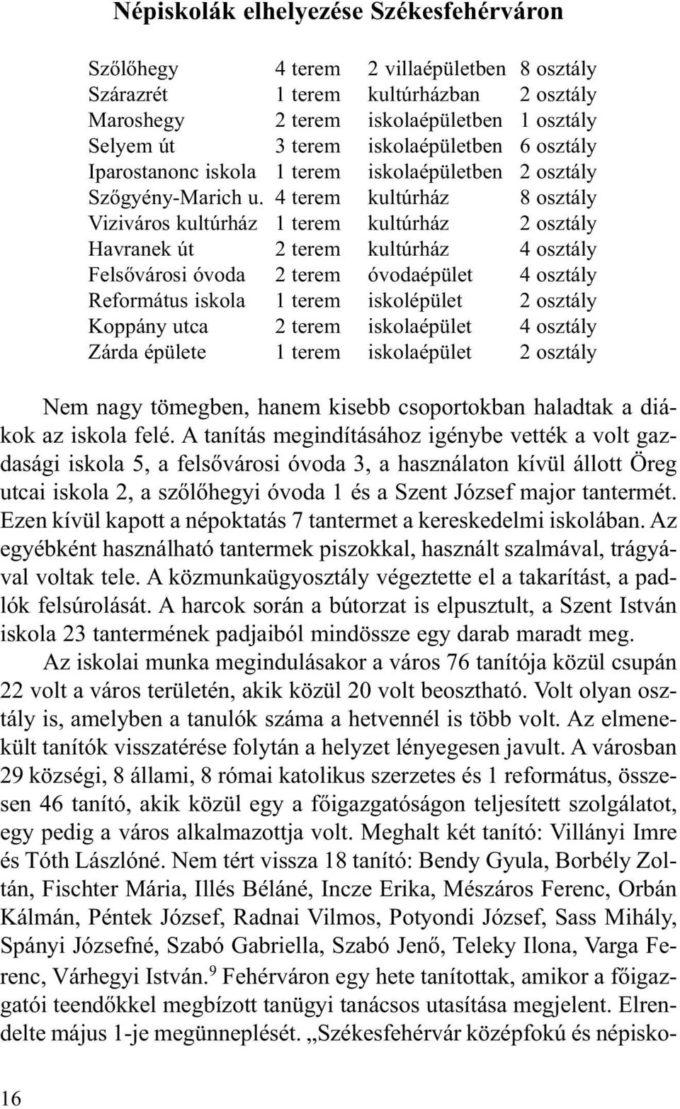 4 terem kultúrház 8 osztály Viziváros kultúrház 1 terem kultúrház 2 osztály Havranek út 2 terem kultúrház 4 osztály Felsõvárosi óvoda 2 terem óvodaépület 4 osztály Református iskola 1 terem