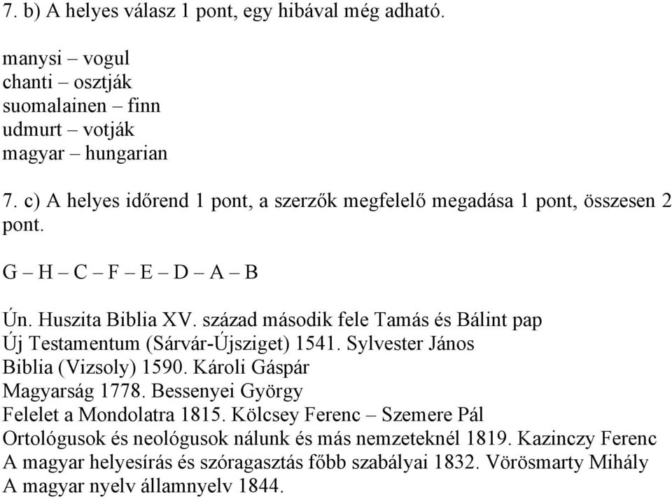 század második fele Tamás és Bálint pap Új Testamentum (Sárvár-Újsziget) 1541. Sylvester János Biblia (Vizsoly) 1590. Károli Gáspár Magyarság 1778.