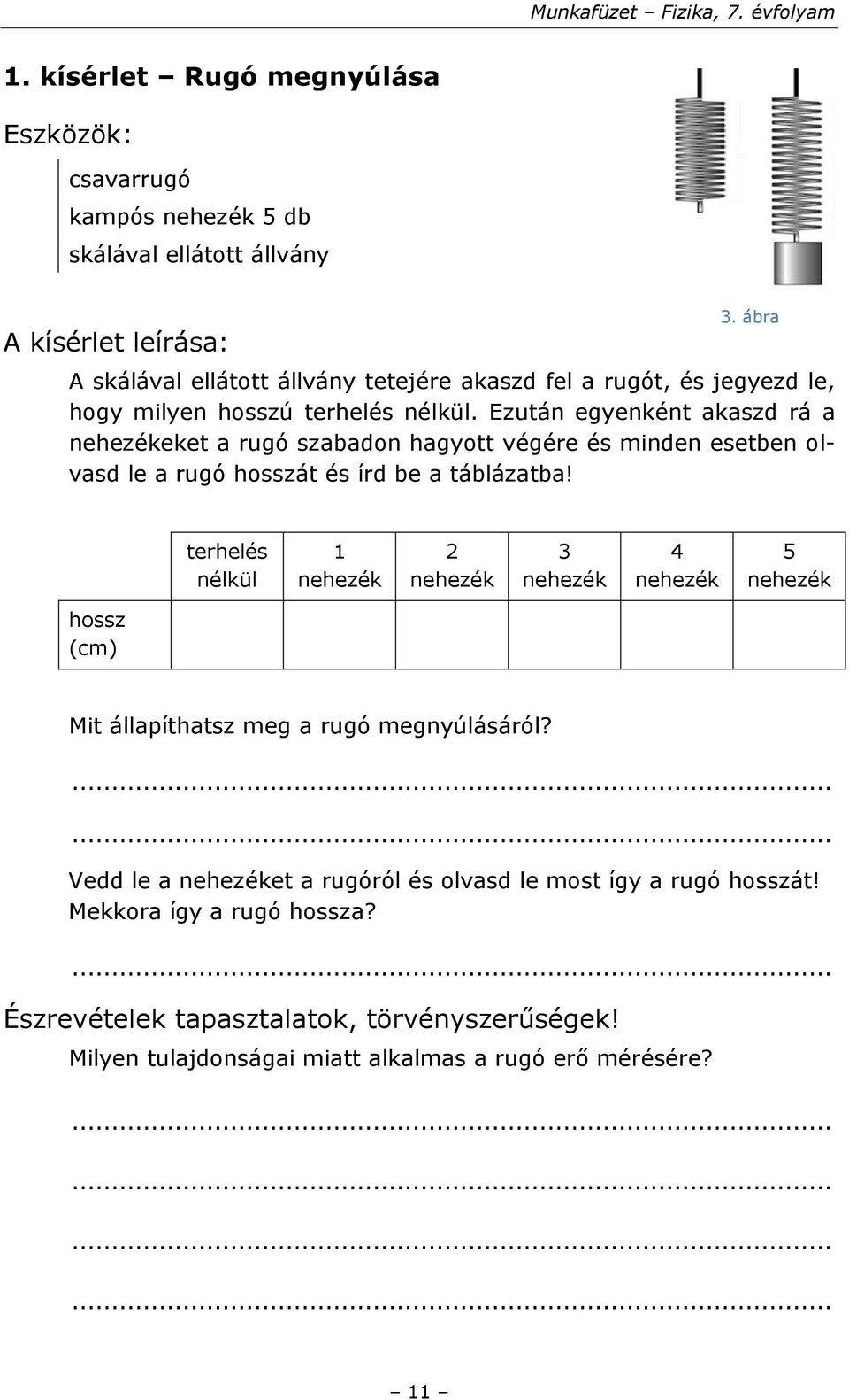 Ezután egyenként akaszd rá a nehezékeket a rugó szabadon hagyott végére és minden esetben olvasd le a rugó hosszát és írd be a táblázatba!