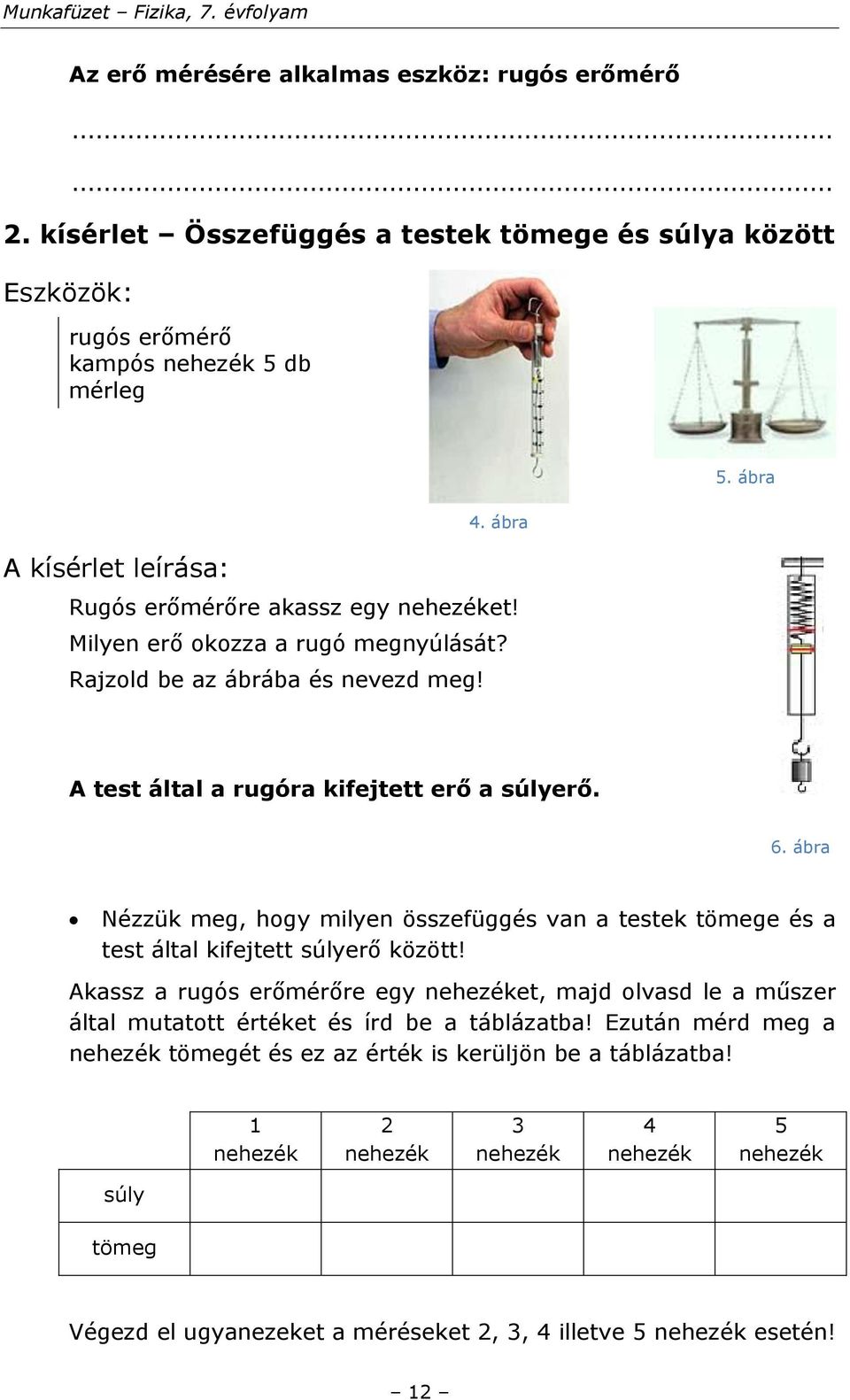 ábra Nézzük meg, hogy milyen összefüggés van a testek tömege és a test által kifejtett súlyerő között!