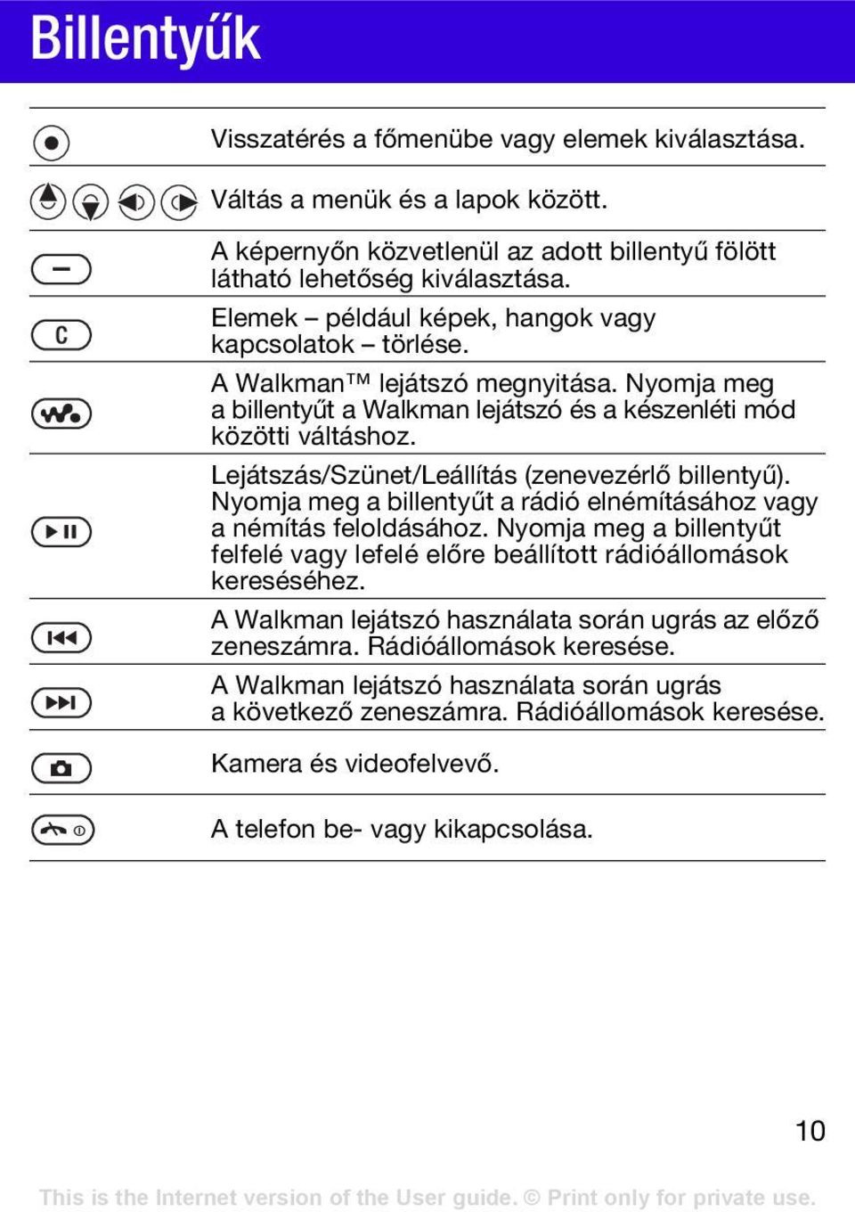 Lejátszás/Szünet/Leállítás (zenevezérlő billentyű). Nyomja meg a billentyűt a rádió elnémításához vagy a némítás feloldásához.