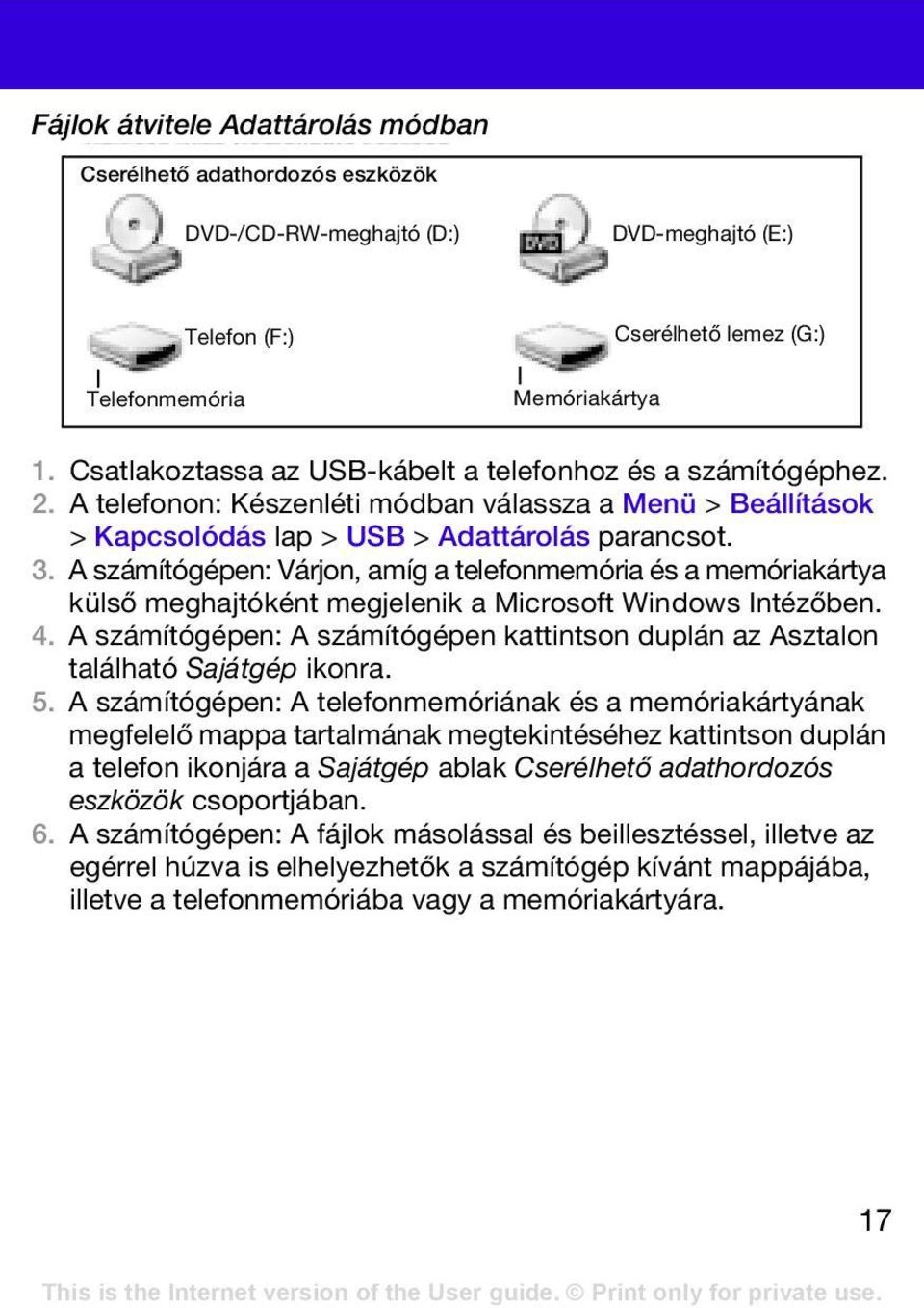 A számítógépen: Várjon, amíg a telefonmemória és a memóriakártya külső meghajtóként megjelenik a Microsoft Windows Intézőben. 4.