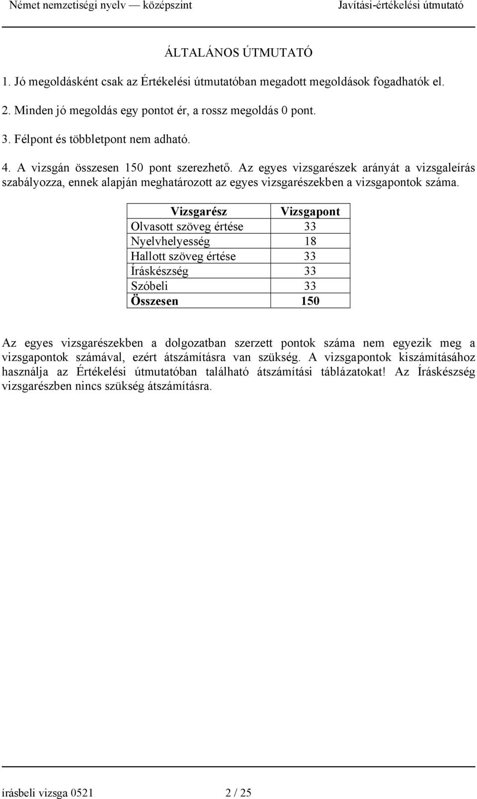 Az egyes vizsgarészek arányát a vizsgaleírás szabályozza, ennek alapján meghatározott az egyes vizsgarészekben a vizsgapontok száma.