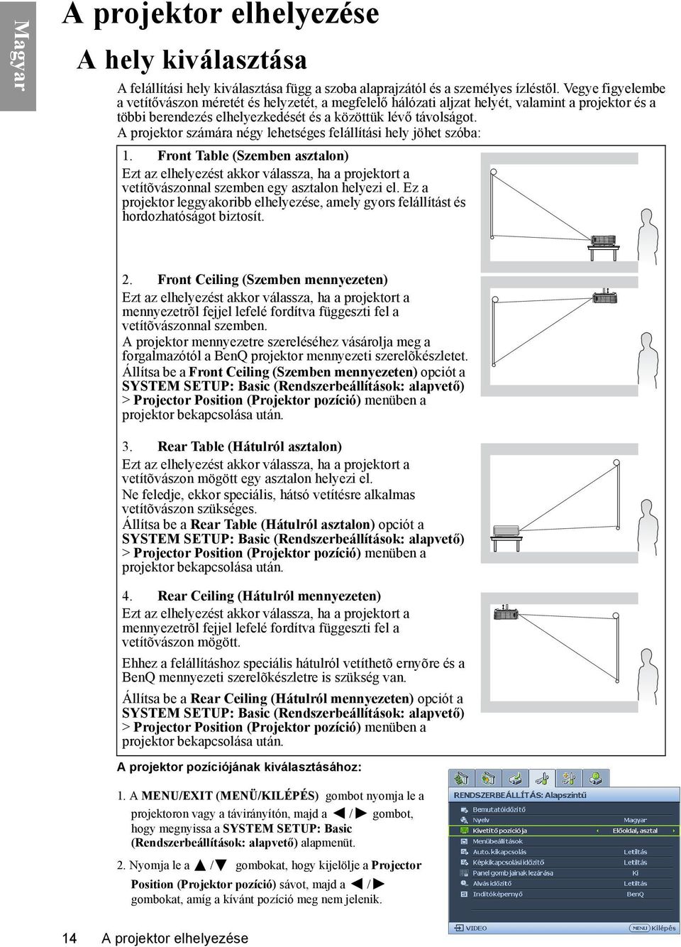 A projektor számára négy lehetséges felállítási hely jöhet szóba: 1.