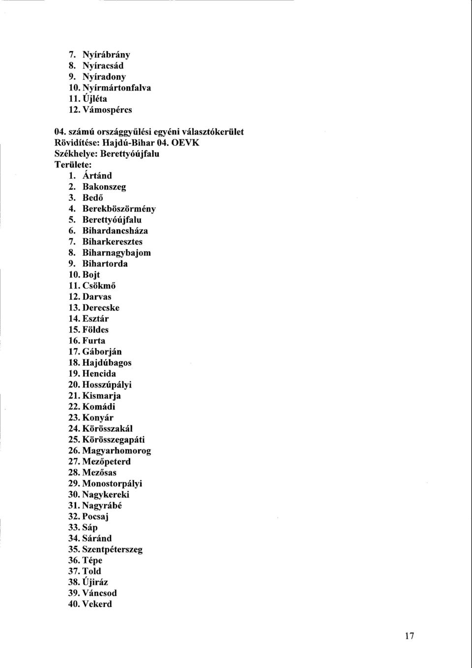 Csökn ő 12. Darva s 13.Derecske 14.Esztár 15.Földes 16.Furta 17. Gáborjá n 18. Haj dúbagos 19. Hencida 20. Hosszúpályi 21. Kismarja 22. Komád i 23. Konyár 24. Körösszakál 25.