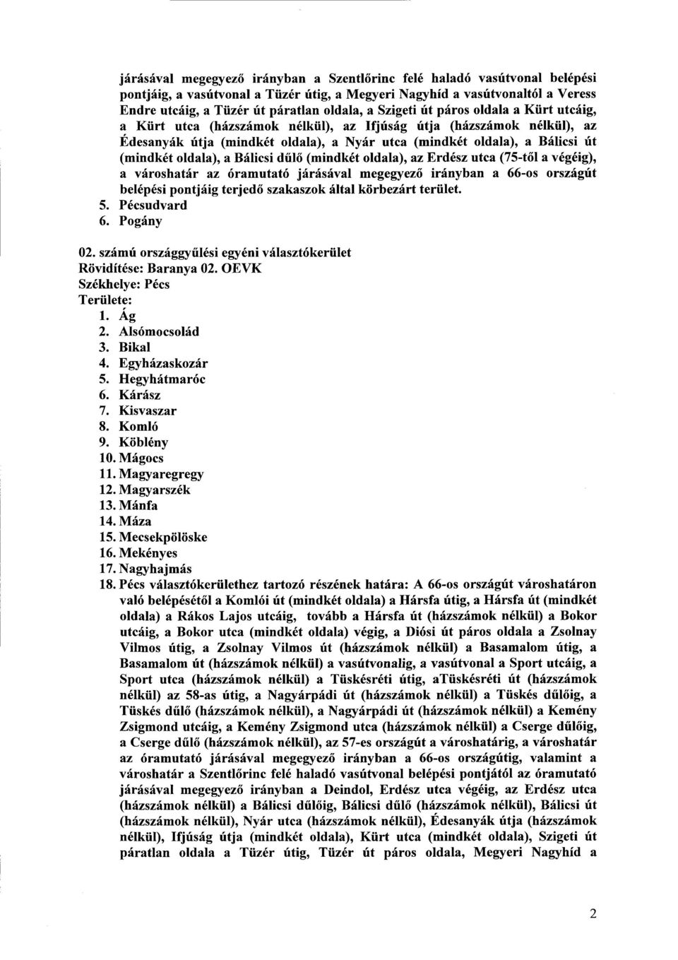 oldala), a Bálicsi dűlő (mindkét oldala), az Erdész utca (75-t ől a végéig), a városhatár az óramutató járásával megegyez ő irányban a 66-os országú t belépési pontjáig terjed ő szakaszok által