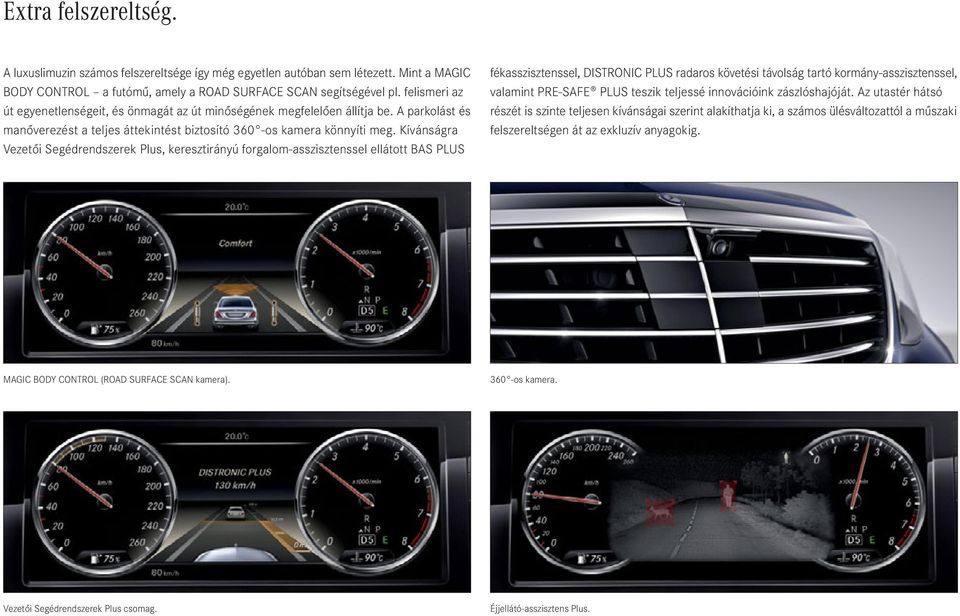 Kívánságra Vezetői Segédrendszerek Plus, keresztirányú forgalom-asszisztenssel ellátott BAS PLUS fékasszisztenssel, DISTRONIC PLUS radaros követési távolság tartó kormány-asszisztenssel, valamint