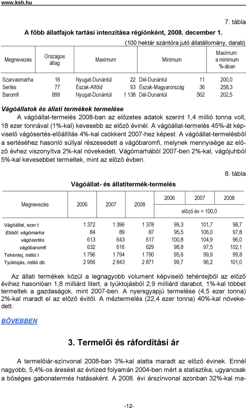 Baromfi 899 Nyugat-Dunántúl 1 138 Dél-Dunántúl 562 202,5 Vágóállatok és állati termékek termelése A vágóállat-termelés 2008-ban az előzetes adatok szerint 1,4 millió tonna volt, 18 ezer tonnával