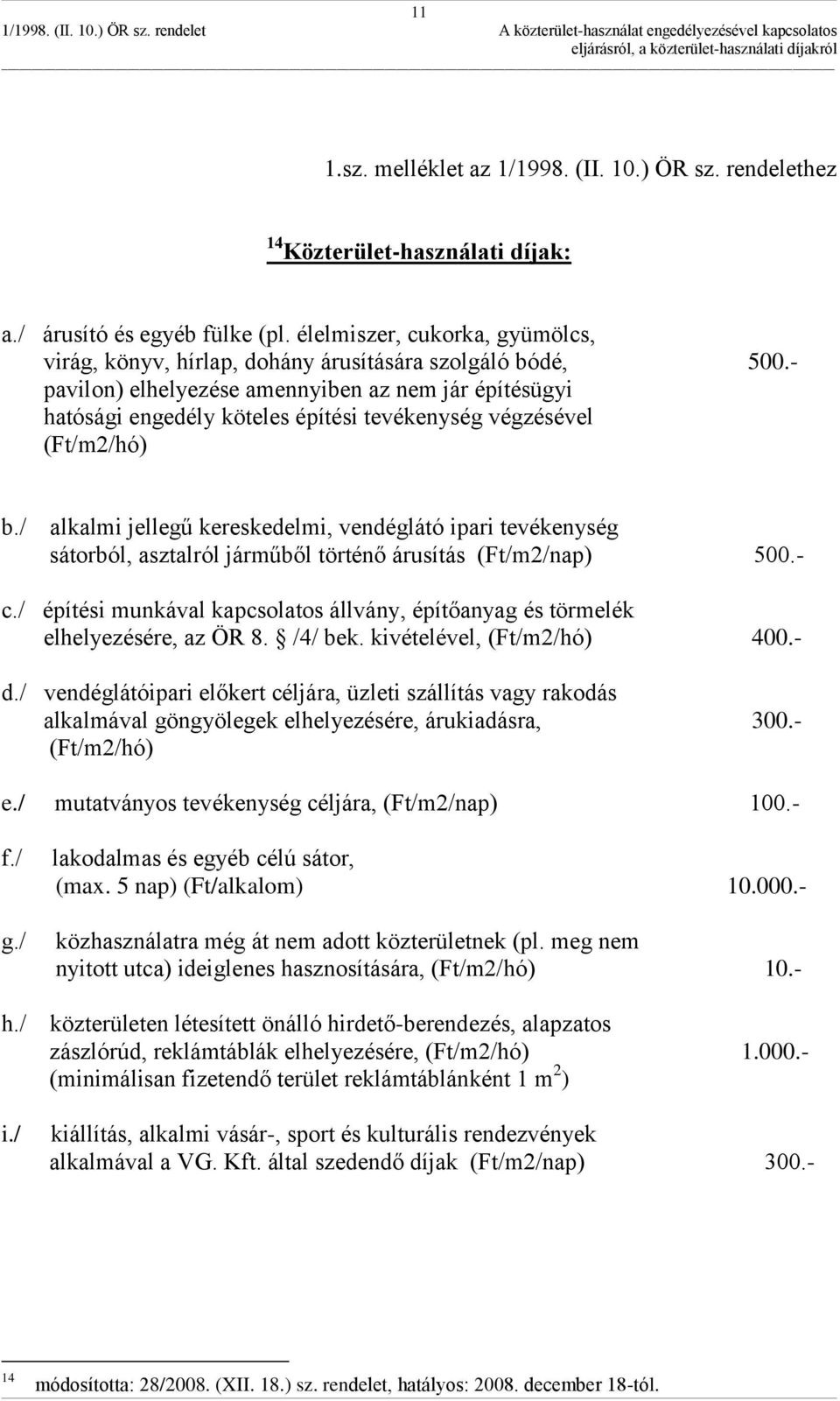 - pavilon) elhelyezése amennyiben az nem jár építésügyi hatósági engedély köteles építési tevékenység végzésével (Ft/m2/hó) b.