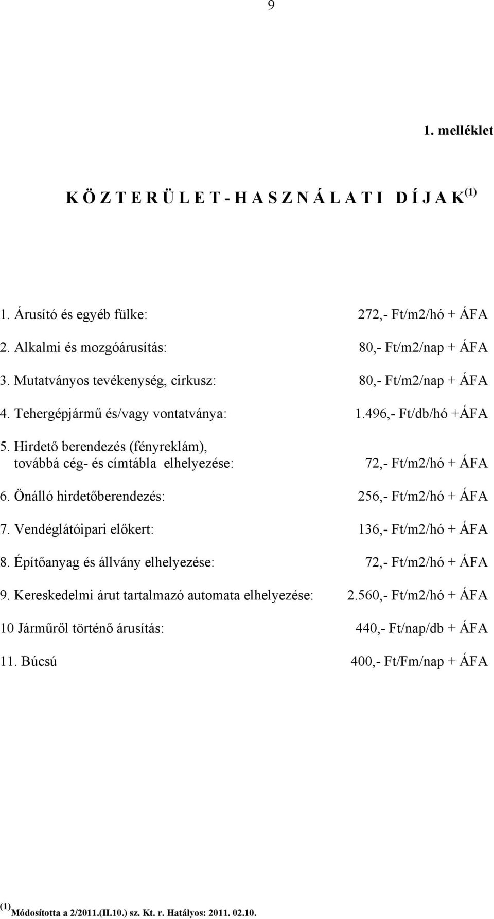 Hirdető berendezés (fényreklám), továbbá cég- és címtábla elhelyezése: 72,- Ft/m2/hó + ÁFA 6. Önálló hirdetőberendezés: 256,- Ft/m2/hó + ÁFA 7.