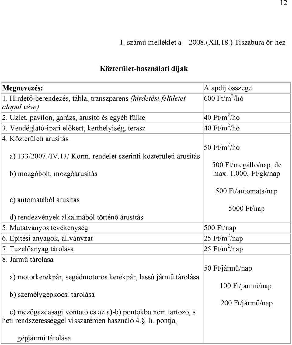 Vendéglátó-ipari előkert, kerthelyiség, terasz 40 Ft/m 2 /hó 4. Közterületi árusítás 50 Ft/m 2 /hó a) 133/2007./IV.13/ Korm.