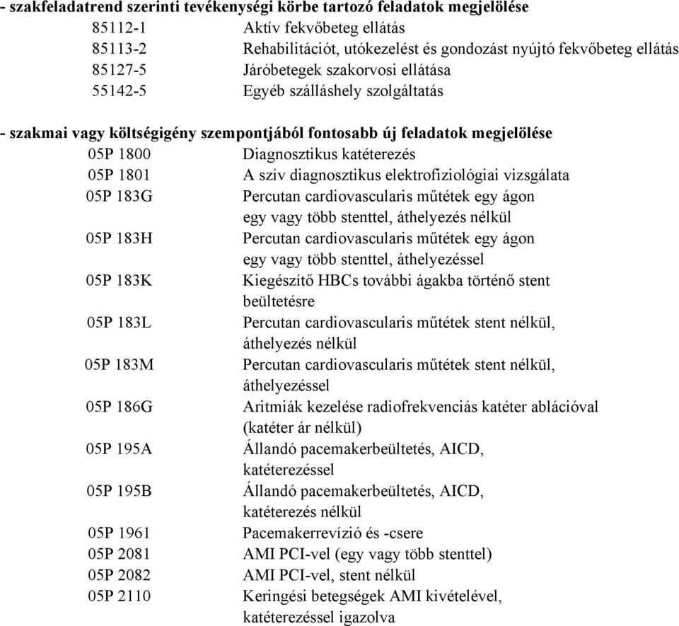 diagnosztikus elektrofiziológiai vizsgálata 05P 183G Percutan cardiovascularis műtétek egy ágon egy vagy több stenttel, áthelyezés nélkül 05P 183H Percutan cardiovascularis műtétek egy ágon egy vagy