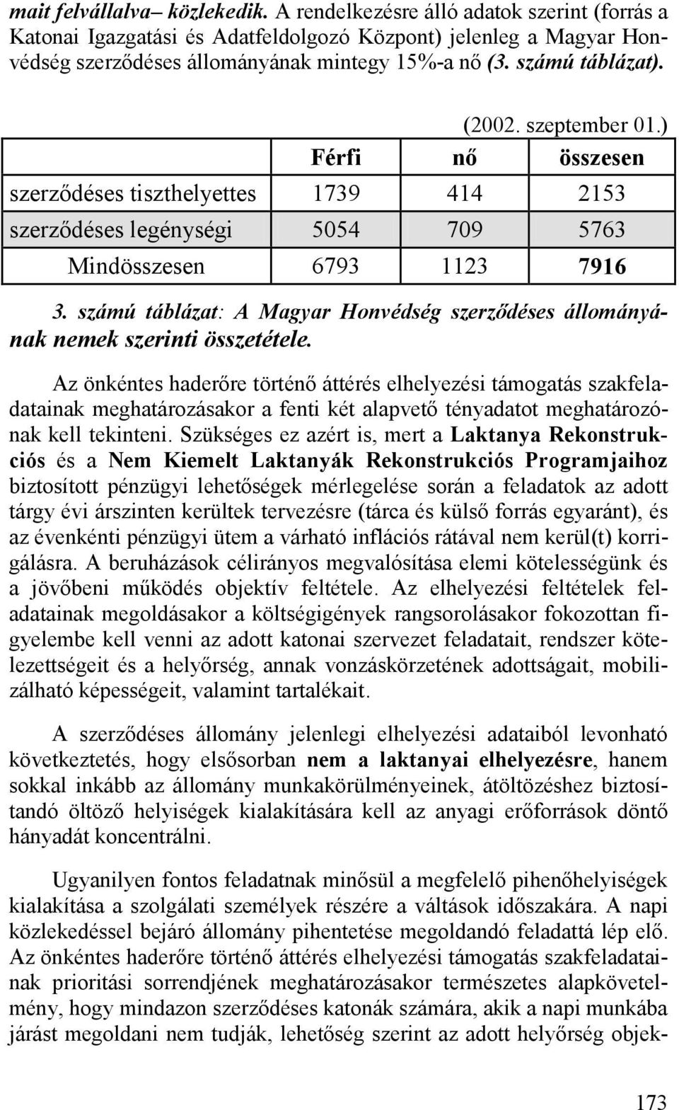 számú táblázat: A Magyar Honvédség szerződéses állományának nemek szerinti összetétele.