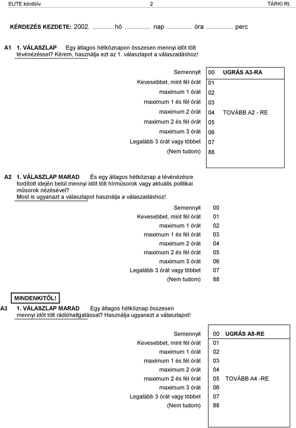 06 07 88 A2 1. VÁLASZLAP MARAD És egy átlagos hétköznap a tévénézésre fordított idején belül mennyi időt tölt hírműsorok vagy aktuális politikai műsorok nézésével?