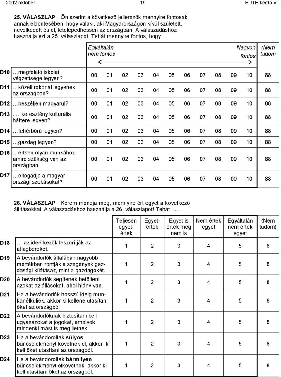 A válaszadáshoz használja ezt a 25. válaszlapot. Tehát mennyire fontos, hogy Egyáltalán nem fontos Nagyon fontos tudom D10 megfelelő iskolai végzettsége legyen?