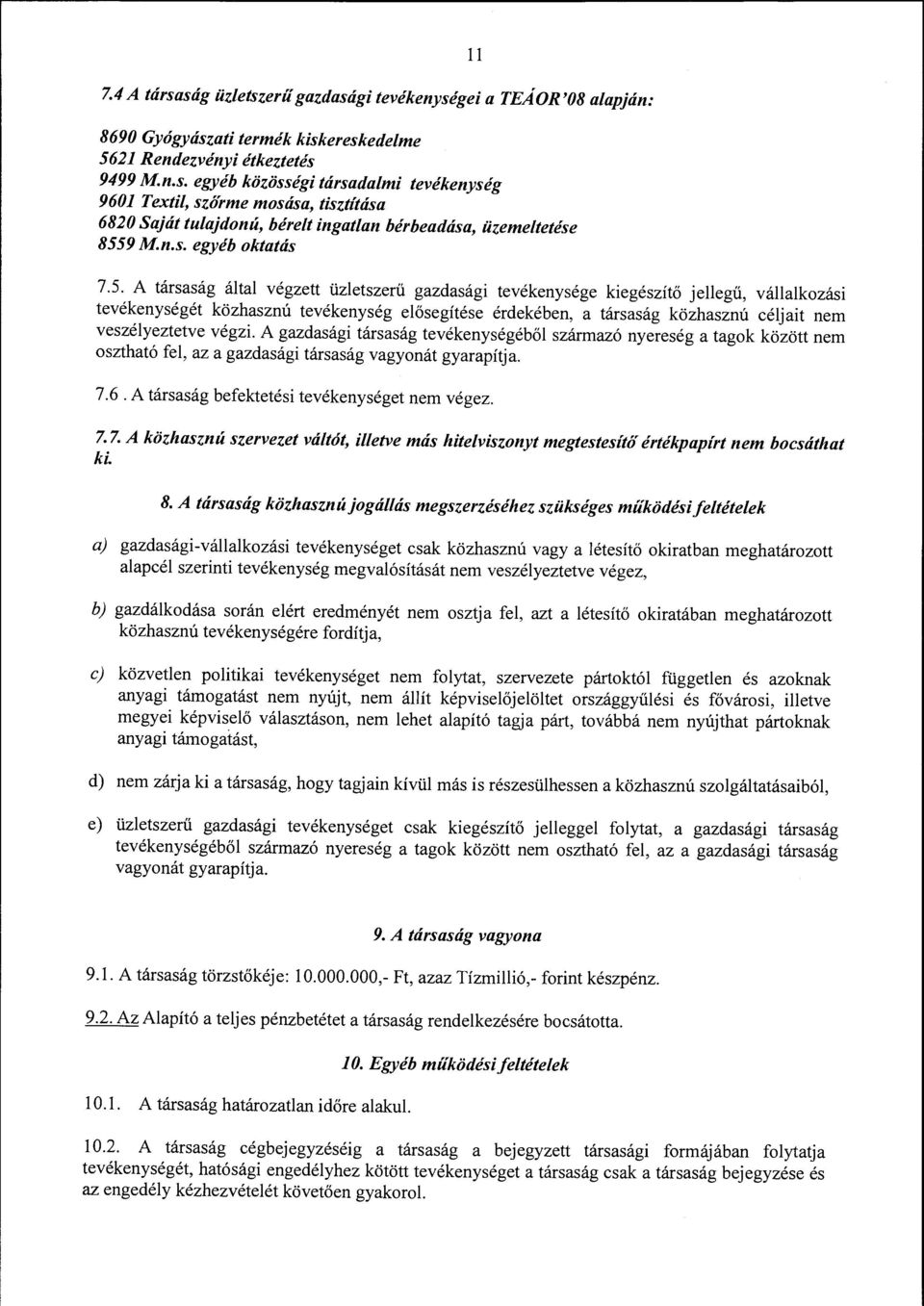 A társaság által végzett üzletszerű gazdasági tevékenysége kiegészítő jellegű, vállalkozási tevékenységét közhasznú tevékenység elősegítése érdekében, a társaság közhasznú céljait nem veszélyeztetve