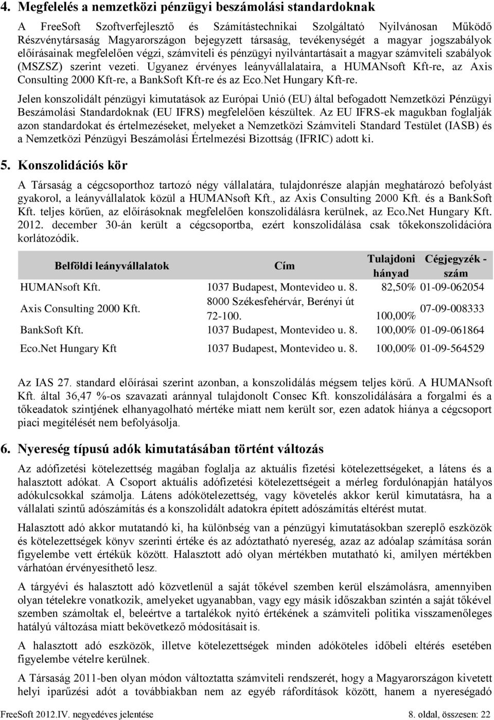 Ugyanez érvényes leányvállalataira, a HUMANsoft Kft-re, az Axis Consulting 2000 Kft-re, a BankSoft Kft-re és az Eco.Net Hungary Kft-re.