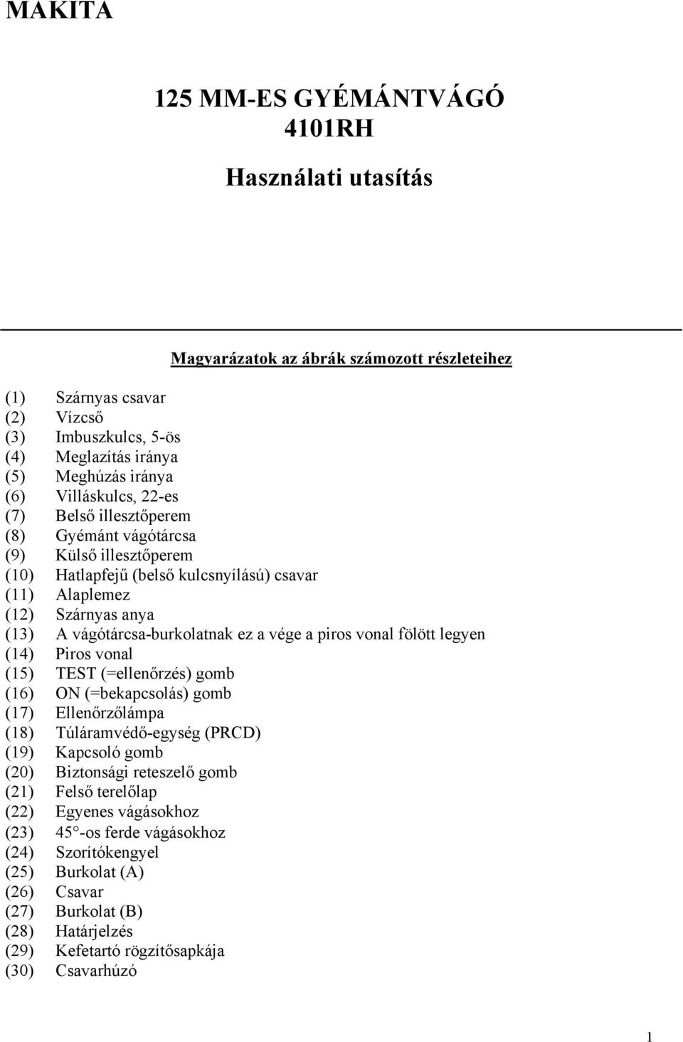 ez a vége a piros vonal fölött legyen (14) Piros vonal (15) TEST (=ellenőrzés) gomb (16) ON (=bekapcsolás) gomb (17) Ellenőrzőlámpa (18) Túláramvédő-egység (PRCD) (19) Kapcsoló gomb (20) Biztonsági