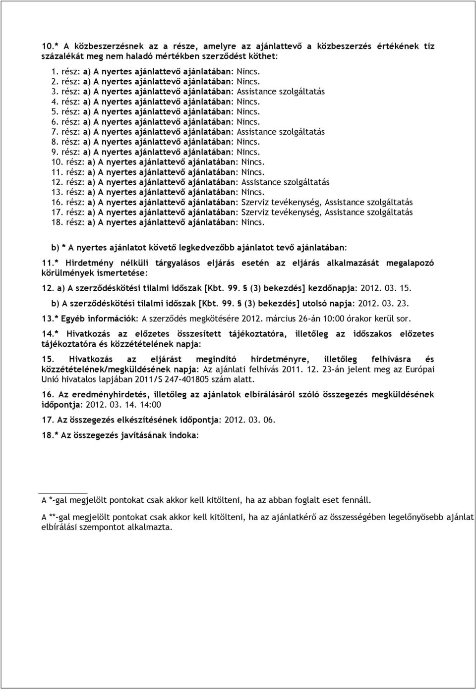 rz: a) A nyertes ajánlattevő ajánlatában: Nincs. 6. rz: a) A nyertes ajánlattevő ajánlatában: Nincs. 7. rz: a) A nyertes ajánlattevő ajánlatában: Assistance szolgáltatás 8.