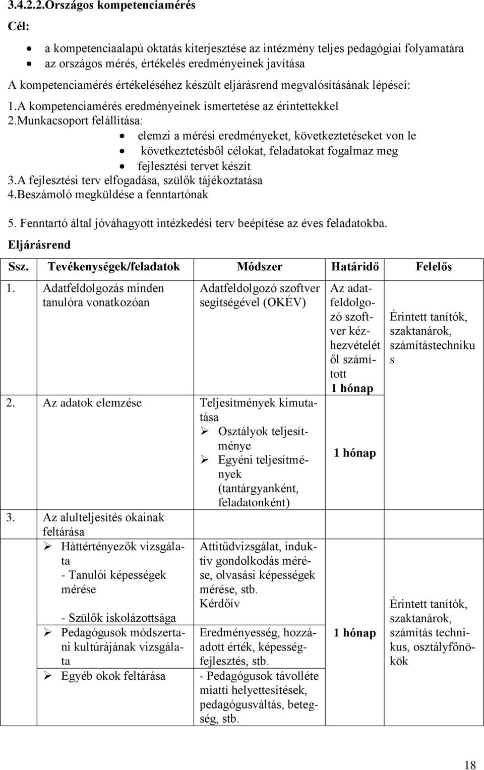 értékeléséhez készült eljárásrend megvalósításának lépései: 1.A kompetenciamérés eredményeinek ismertetése az érintettekkel 2.