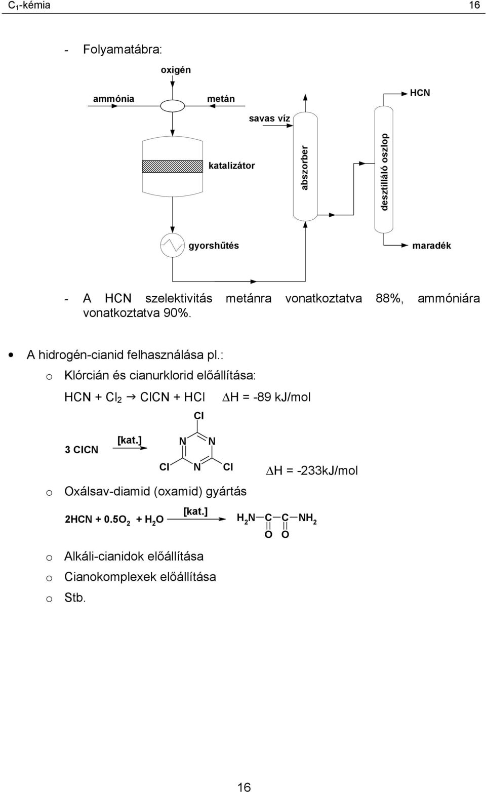 : o Klórcián és cianurklorid előállítása: HCN + Cl 2 " ClCN + HCl H = -89 kj/mol Cl 3 ClCN [kat.