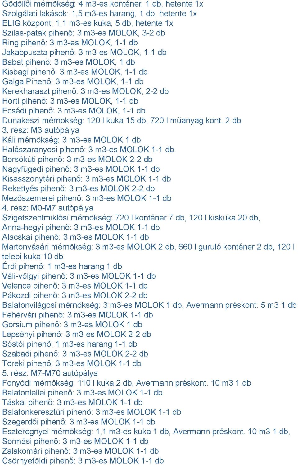 pihenő: 3 m3-es MOLOK, 2-2 db Horti pihenő: 3 m3-es MOLOK, 1-1 db Ecsédi pihenő: 3 m3-es MOLOK, 1-1 db Dunakeszi mérnökség: 120 l kuka 15 db, 720 l műanyag kont. 2 db 3.