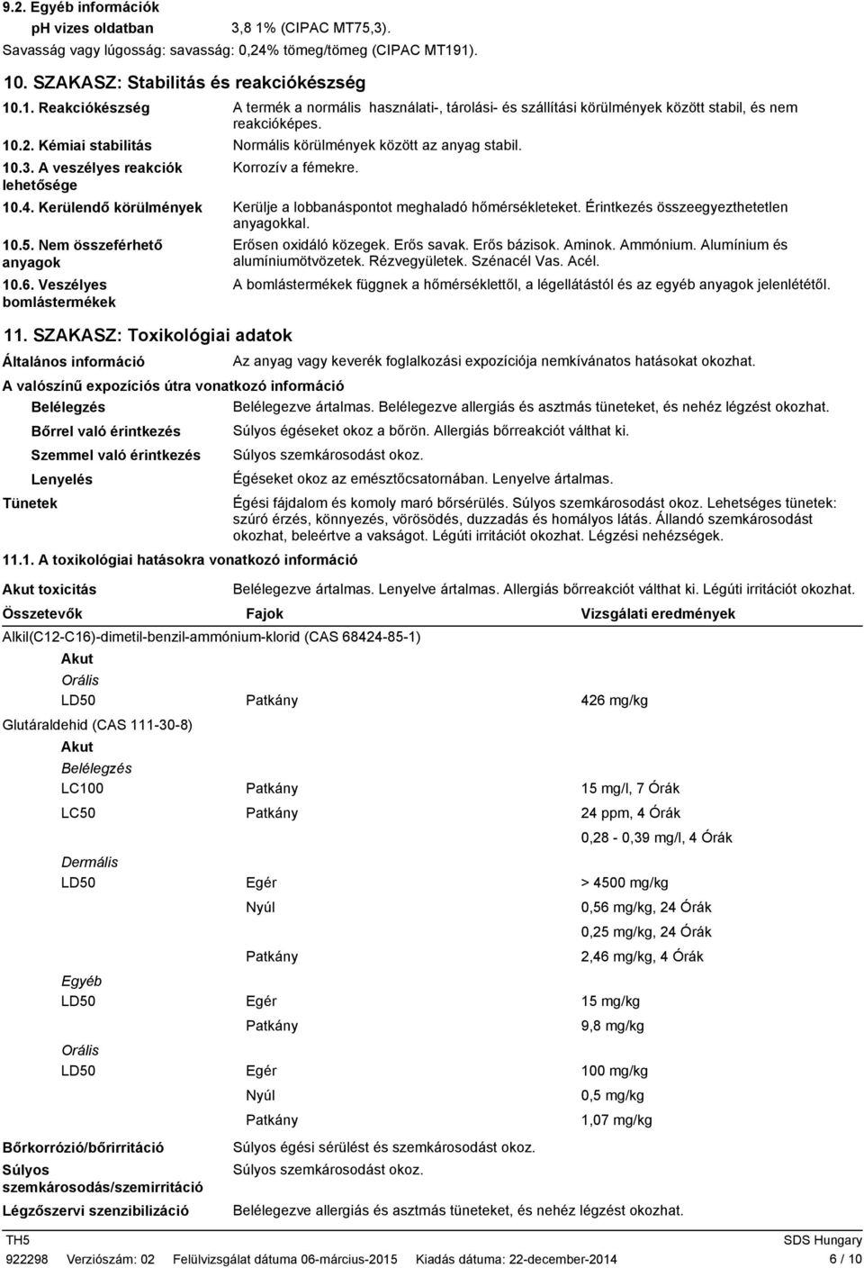 Kerülendő körülmények Kerülje a lobbanáspontot meghaladó hőmérsékleteket. Érintkezés összeegyezthetetlen anyagokkal. 10.5. Nem összeférhető anyagok 10.6. Veszélyes bomlástermékek 11.