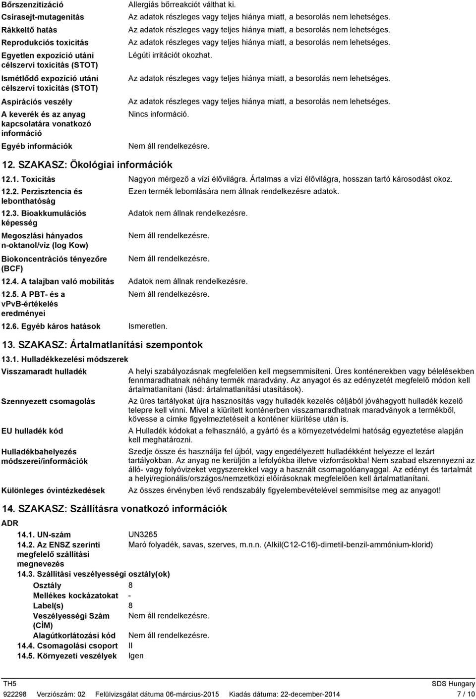 Az adatok részleges vagy teljes hiánya miatt, a besorolás nem lehetséges. Az adatok részleges vagy teljes hiánya miatt, a besorolás nem lehetséges. Légúti irritációt okozhat.