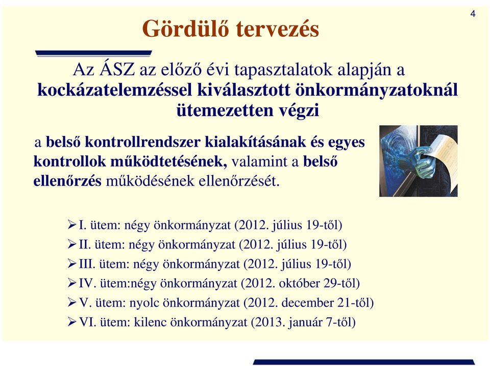 ütem: négy önkormányzat (2012. július 19-tıl) II. ütem: négy önkormányzat (2012. július 19-tıl) III. ütem: négy önkormányzat (2012. július 19-tıl) IV.