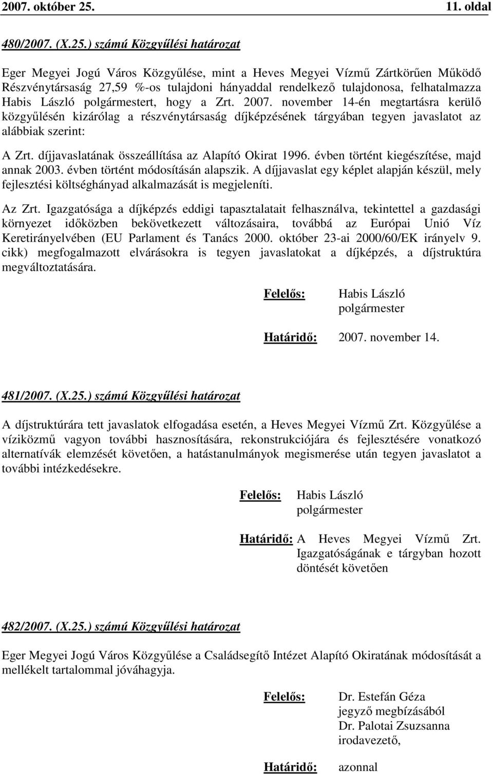 ) számú Közgyűlési határozat Eger Megyei Jogú Város Közgyűlése, mint a Heves Megyei Vízmű Zártkörűen Működő Részvénytársaság 27,59 %-os tulajdoni hányaddal rendelkező tulajdonosa, felhatalmazza t,