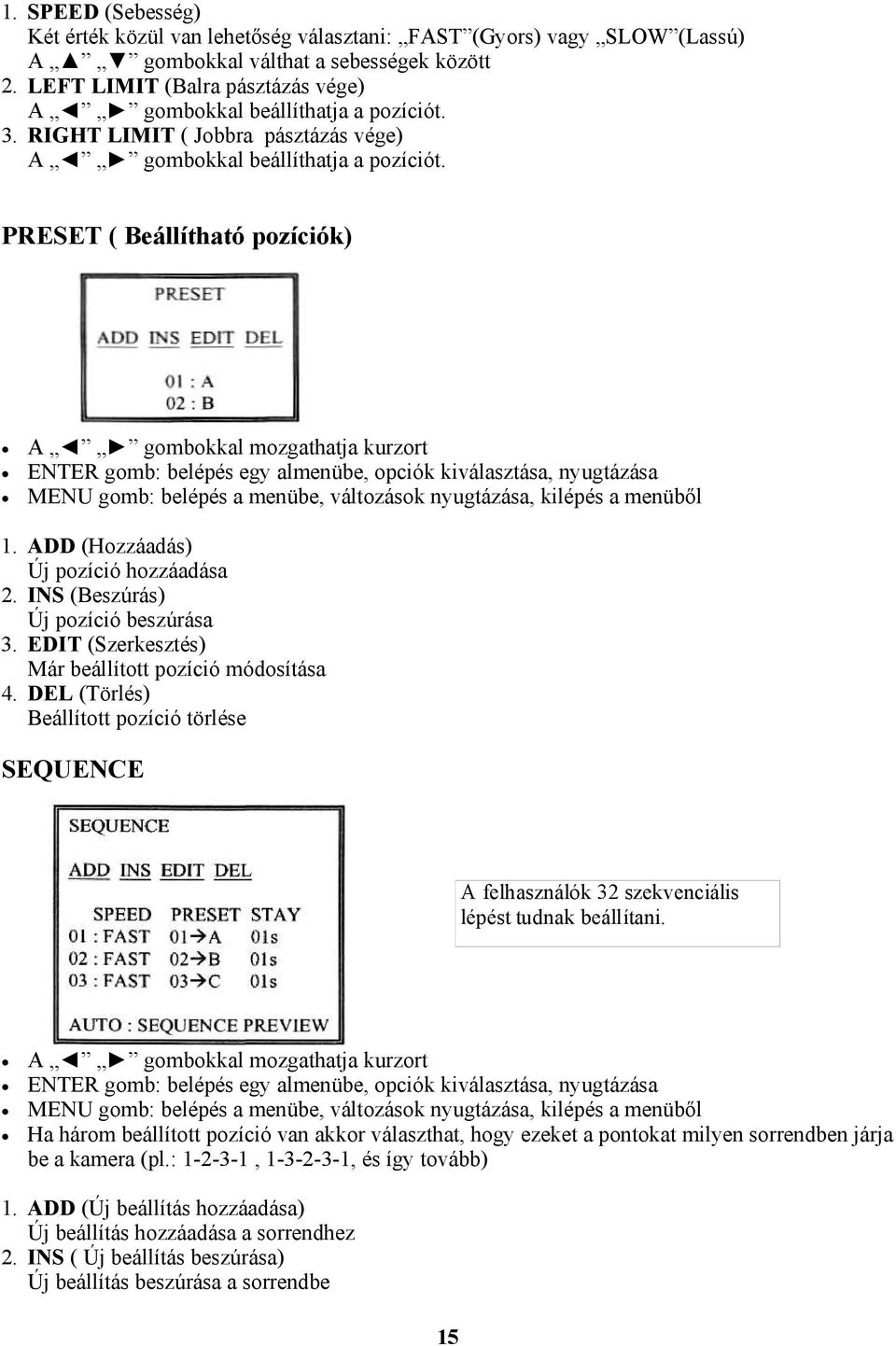 PRESET ( Beállítható pozíciók) A gombokkal mozgathatja kurzort ENTER gomb: belépés egy almenübe, opciók kiválasztása, nyugtázása MENU gomb: belépés a menübe, változások nyugtázása, kilépés a menüből