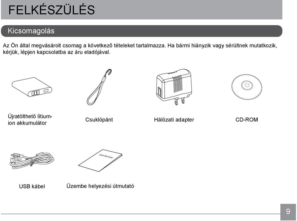 Ha bármi hiányzik vagy sérültnek mutatkozik, kérjük, lépjen kapcsolatba az