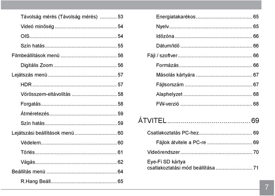 .. 64 R.Hang Beáll... 65 Energiatakarékos... 65 Nyelv... 65 Időzóna... 66 Dátum/Idő... 66 Fájl / szoftver... 66 Formázás... 66 Másolás kártyára... 67 Fájlsorszám.