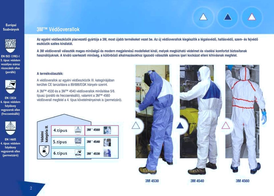 típus: védelem folyékony vegyszerek ellen (freccsenésálló) A 3M védôoverall választék magas minôségû és modern megjelenésû modelleket kínál, melyek megbízható védelmet és viselési komfortot