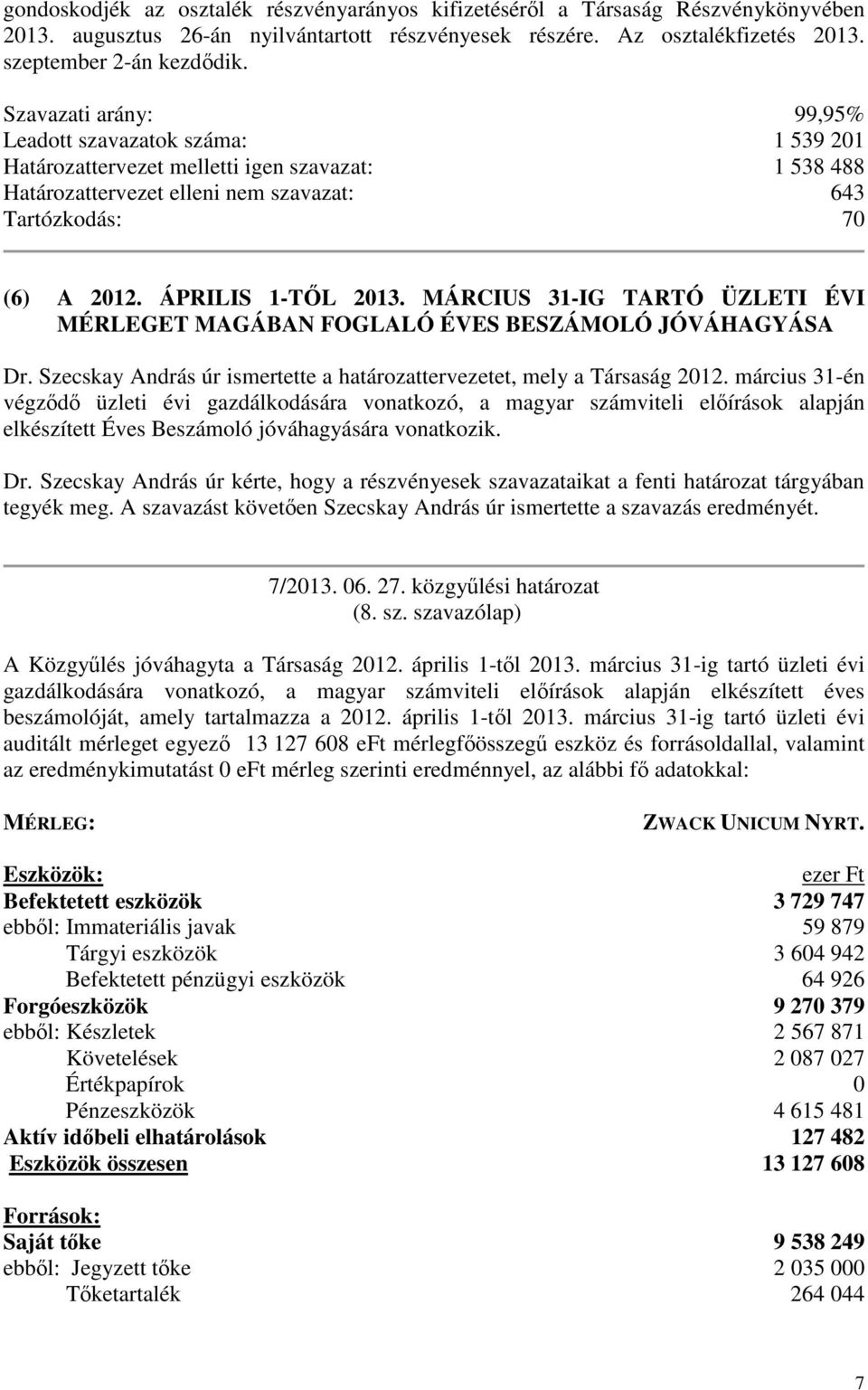 ÁPRILIS 1-TL 2013. MÁRCIUS 31-IG TARTÓ ÜZLETI ÉVI MÉRLEGET MAGÁBAN FOGLALÓ ÉVES BESZÁMOLÓ JÓVÁHAGYÁSA Dr. Szecskay András úr ismertette a határozattervezetet, mely a Társaság 2012.