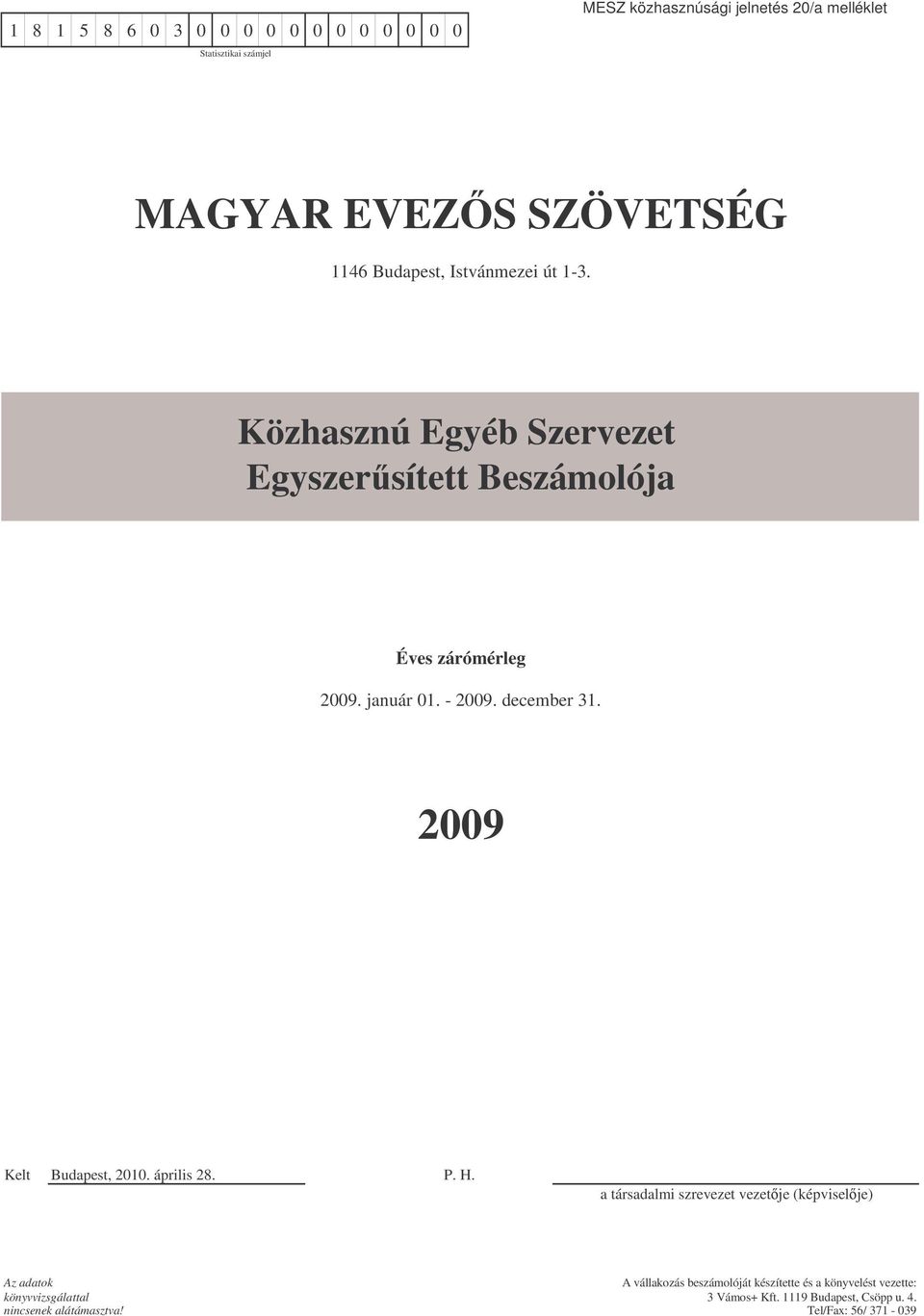 december 31. 2009 Kelt Budapest, 2010. április 28. P. H.