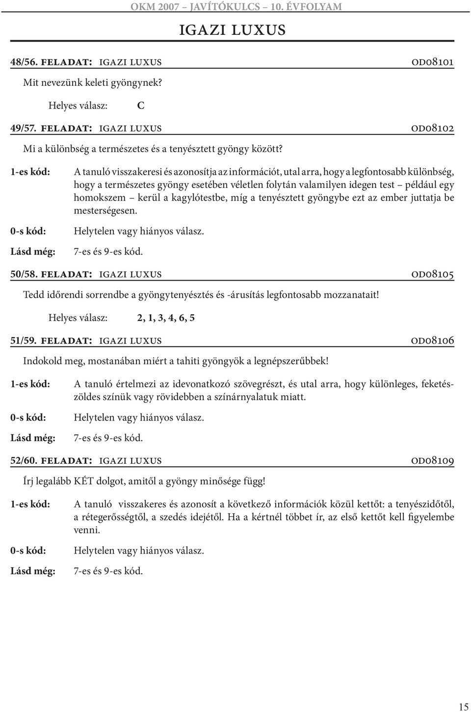 kagylótestbe, míg a tenyésztett gyöngybe ezt az ember juttatja be mesterségesen. 50/58. Feladat: Igazi luxus od08105 Tedd időrendi sorrendbe a gyöngytenyésztés és -árusítás legfontosabb mozzanatait!